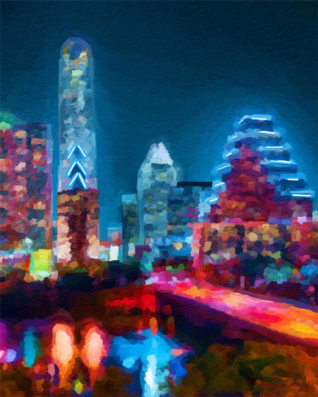 Winter Nights and City Lights (Austin, Texas) depicts a lively urban night scene, with the city lights creating a mosaic of vibrant colors against the dark sky. The colors seem to dance across the canvas adding a touch of whimsy. The buildings are illuminated and colorful, showing the energy of city life after dark. The shapes and lights are depicted with a slightly blurred, almost melting quality, giving the impression of movement and the bustling nature of the city. The lights reflect off surfaces, suggesting the lively atmosphere of a city that's awake and active. This piece conveys the colorful and dynamic nature of Austin. 