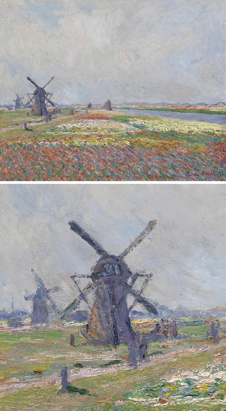 Fields of Flowers and Windmills near Leiden by Claude Monet with Detail View