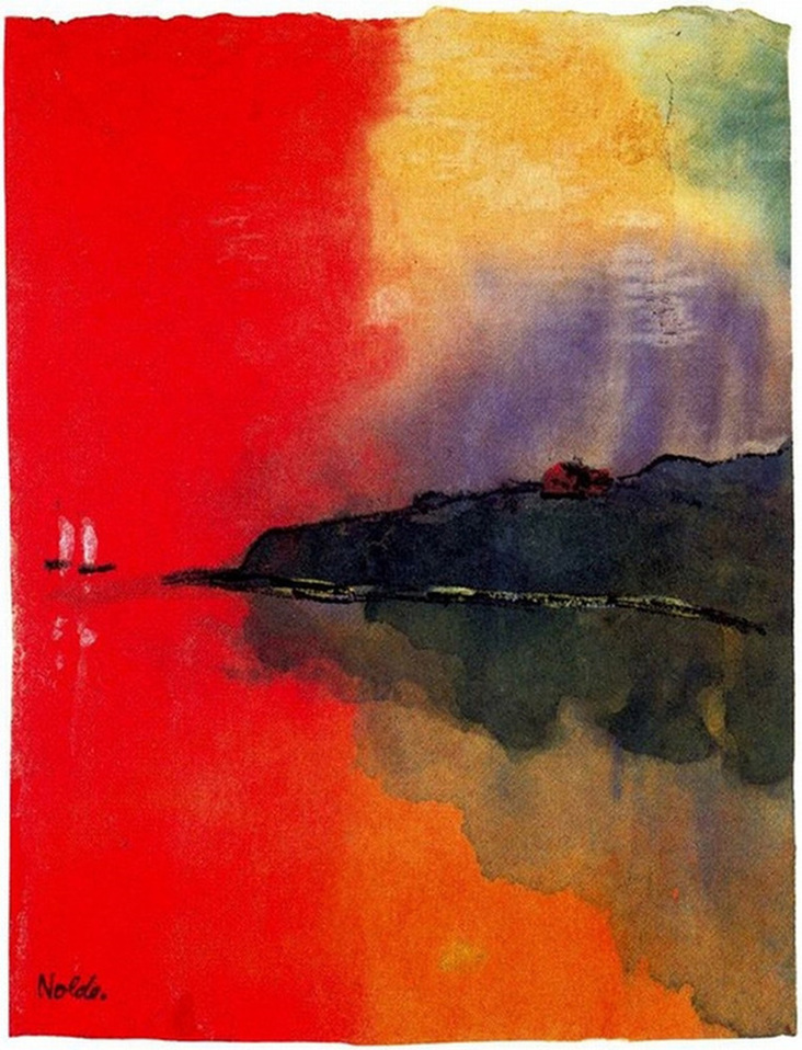 Seacoast (Red Sky, Two White Sails) by Emil Nolde