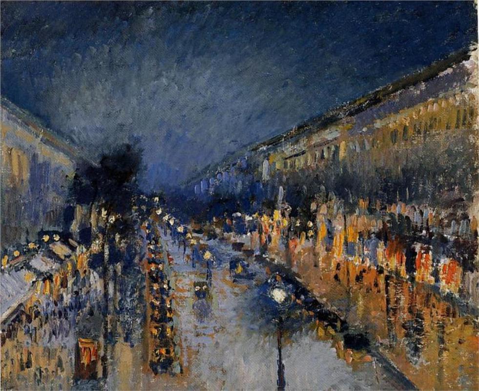 The Boulevard Montmartre at Night by Camille Pissarro | Lone Quixote