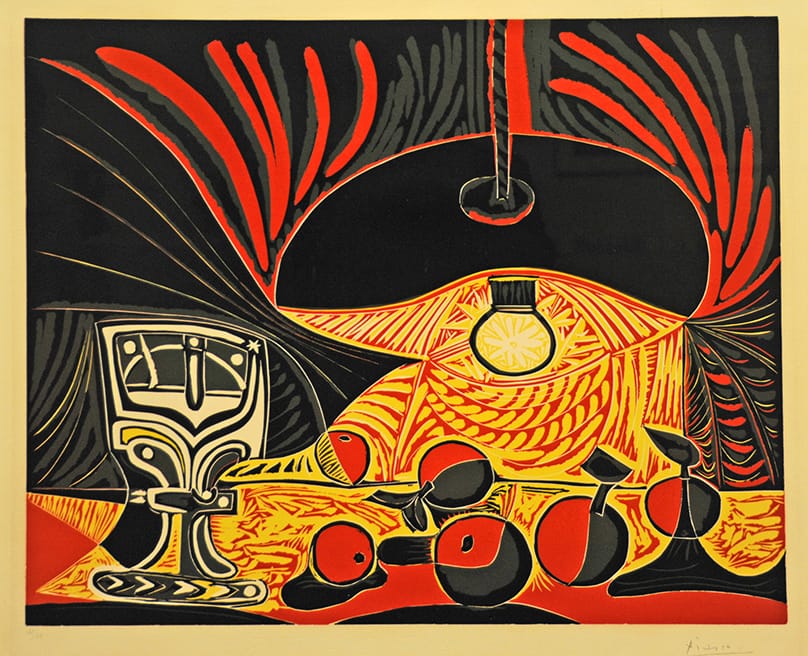 Still Life with a Glass by Lamplight (linoleum cut print, 1962) by Pablo Picasso | Lone Quixote 