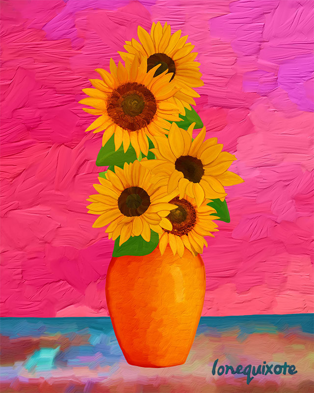 Sunflowers with Desert Wind (13) ... In this picture, I've painted a vase full of bright yellow sunflowers set against a pink background. I used thick paint and bold strokes to give the painting a texture that almost feels tangible. The sunflowers appear cheerful and lively, standing tall as if basking in their own vitality. For the background, I painted strokes moving in one direction, creating the impression of a gentle breeze. This artwork is a simple yet joyful representation, bringing a slice of nature's sunshine into the room. It's like capturing the essence of these sunflowers on a warm, sunny day.
