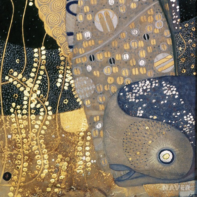 Water Serpents (detail) by Gustav Klimt is filled with rich, ornate patterns and a blend of dark and golden colors. It has a mystical feel, with swirling designs that resemble water currents or the scales of a mythical creature. The use of gold and shimmering details creates a sense of luxury and opulence. It's like looking into a different world that's full of magic and mystery. Gustav Klimt uses contrasting textures and layers to draw your eye across the canvas, discovering new details the more you look. It's the type of art that tells a story without words and feels like it's from a time long ago or a place far away.