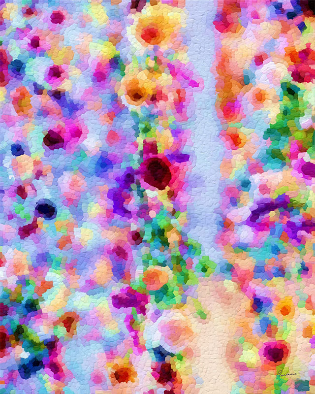 Dreams of Spring was inspired by a photograph I once saw. It's like a dreamy depiction of a spring garden, brimming with flowers of every hue, from bright yellows to deep purples. I used numerous small brushstrokes to create a mosaic or pixelated effect. Rather than focusing on detailed flowers, I aimed to capture the essence of a blooming flowers where colors and shapes blend seamlessly. It's akin to gazing at a garden through a soft mist, where forms and hues gently intermingle. This artwork is designed to evoke happiness and tranquility, much like a leisurely stroll among the flowers on a warm spring day.
