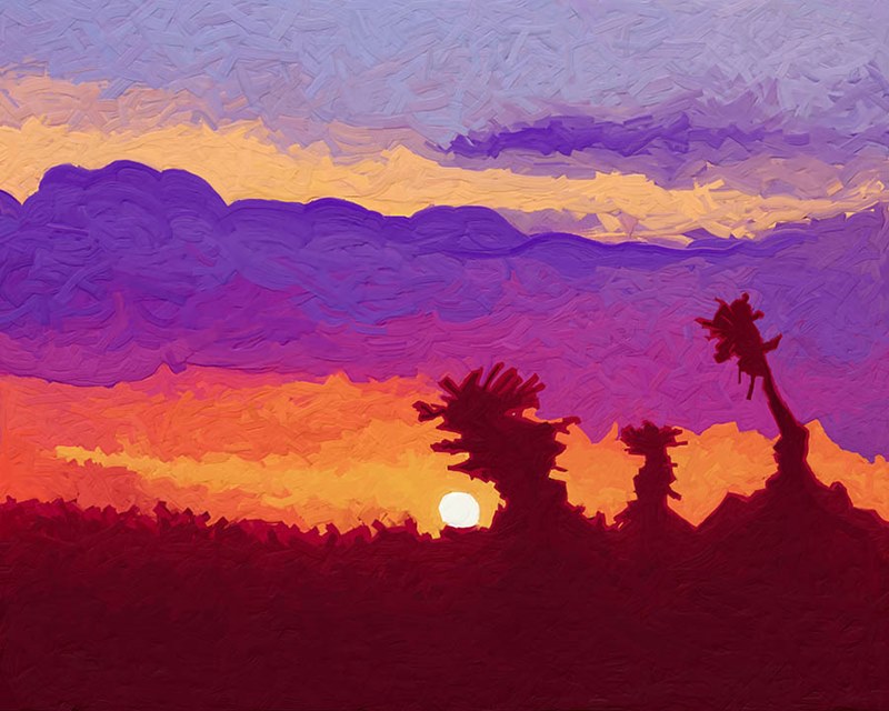 Brush Dancing in the Evening Light - This artwork captures the beauty of a sunset with bold, expressive brush strokes. The sky shifts in colors from a deep purple to a fiery orange near the horizon, where the sun is a bright, calm circle. The silhouette of the landscape features the distinctive shapes of cacti and desert hills, which stand out against the vivid backdrop of the sky. The technique used  creates a texture that makes the painting feel dynamic, as if the sky and cacti are moving. It's a scene that feels both peaceful and alive, a moment when the day is turning into night and the world is full of color.