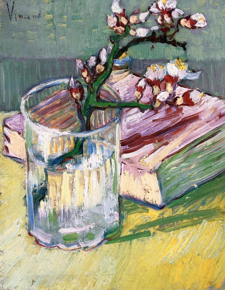 Blossoming Almond Branch in a Glass with a Book by Vincent van Gogh