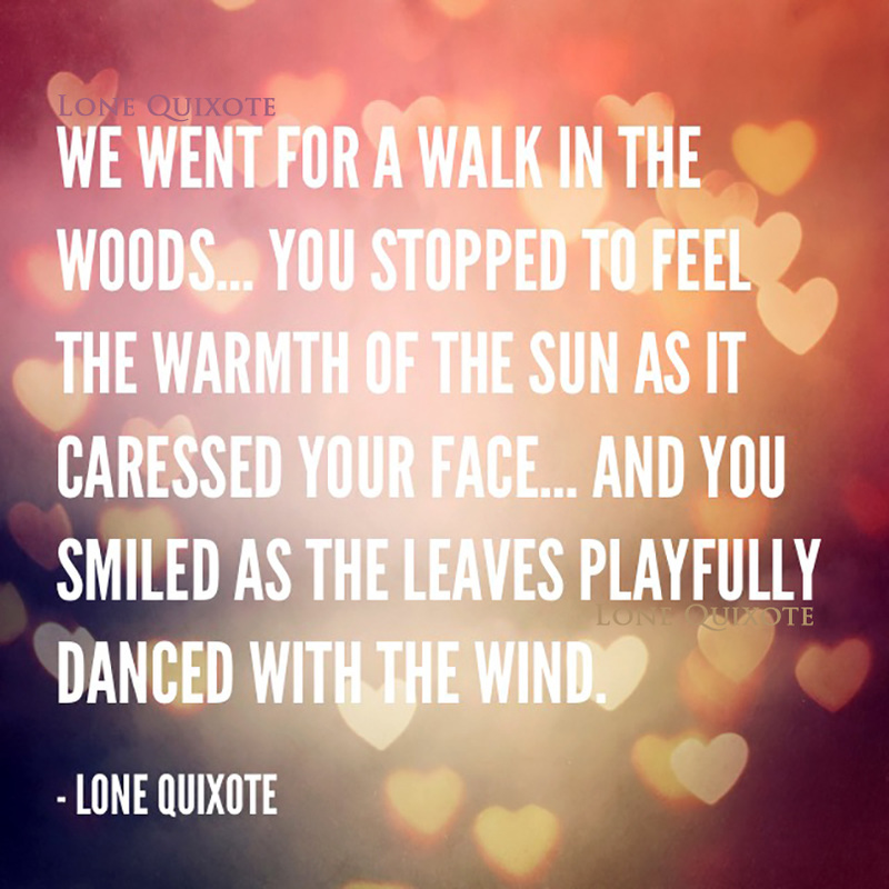 We went for a walk in the woods... you stopped to feel the warmth of the sun as it caressed your face... and you smiled as the leaves playfully danced with the wind.  --  Lone Quixote