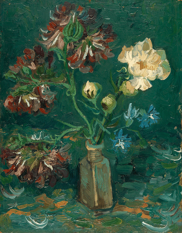 Small Bottle with Peonies and Blue Delphiniums by Vincent van Gogh | Lone Quixote