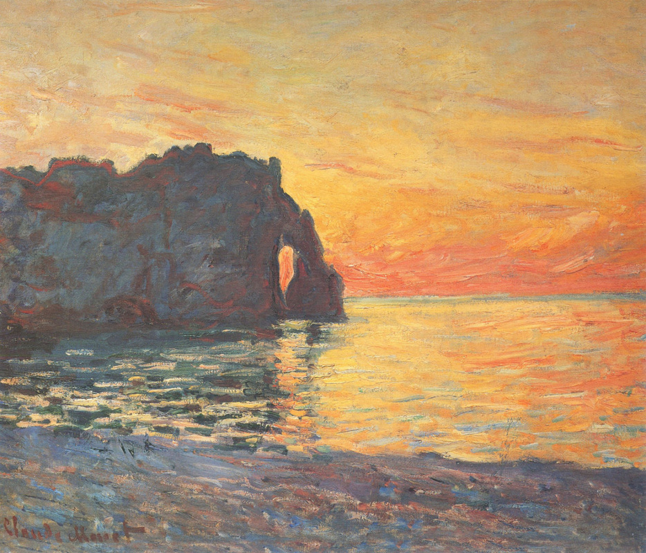 Etretat, Cliff of d`Aval, Sunset by Claude Monet