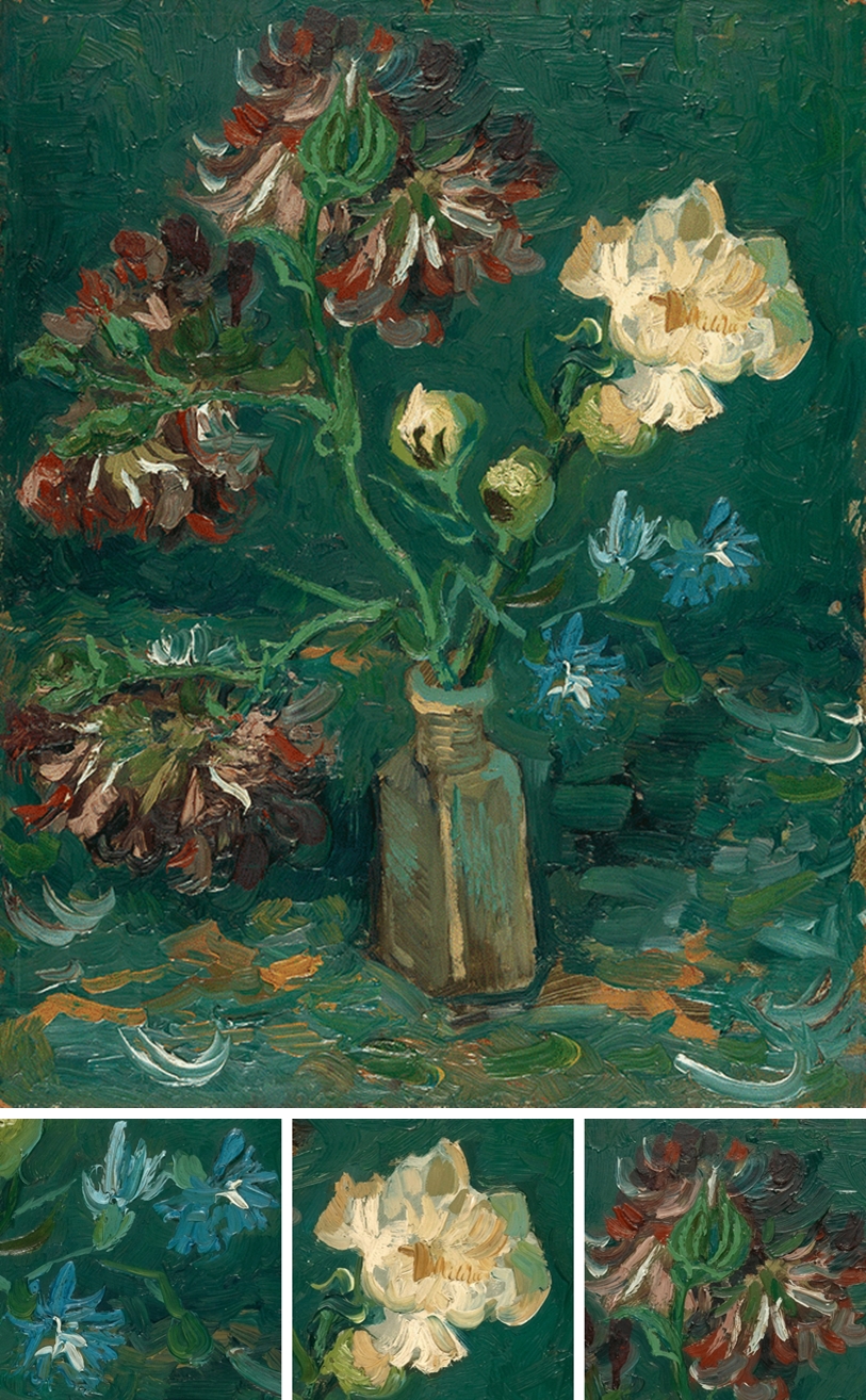 Small Bottle with Peonies and Blue Delphiniums (with details) by Vincent van Gogh | Lone Quixote
