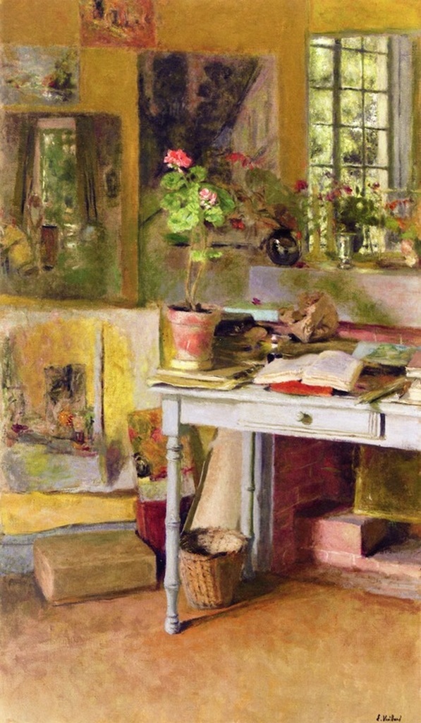 At Clayes, Geranium on a Blue Table in front of the Window by Edouard Vuillard