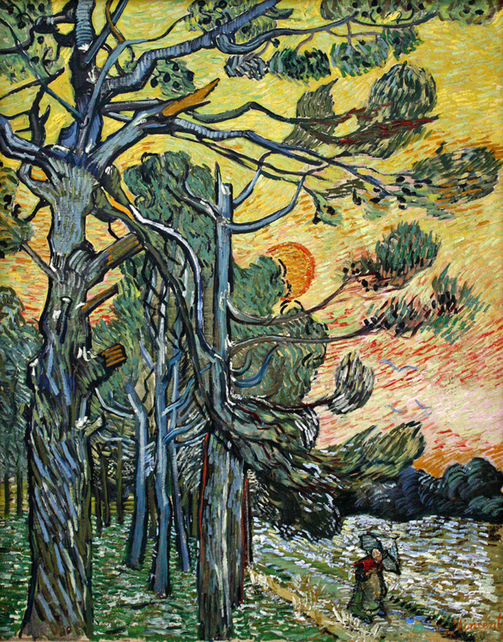 Pine Trees against a Red Sky with Setting Sun by Vincent van Gogh