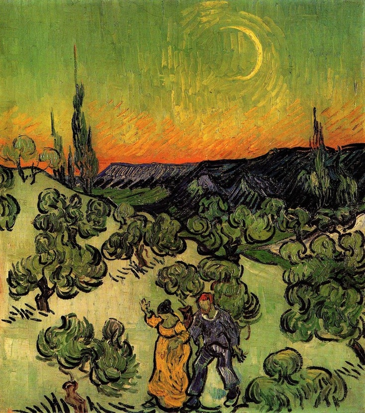 Landscape with Couple Walking and Crescent Moon by Vincent van Gogh | Lone Quixote