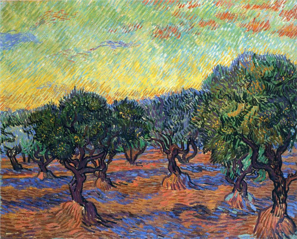 Olive Grove with Orange Sky by Vincent van Gogh
