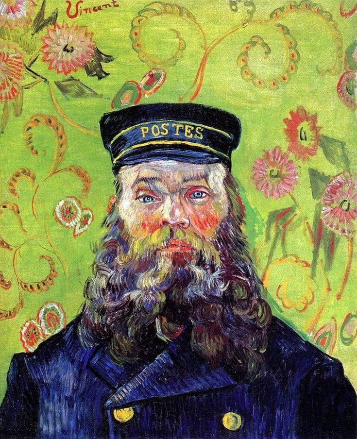 The portrait of Joseph Roulin is a vibrant depiction of Van Gogh's close friend, a postal worker. Van Gogh's characteristic bold strokes and vivid colors bring to life Roulin's striking features, especially his blue uniform and the cap inscribed with 