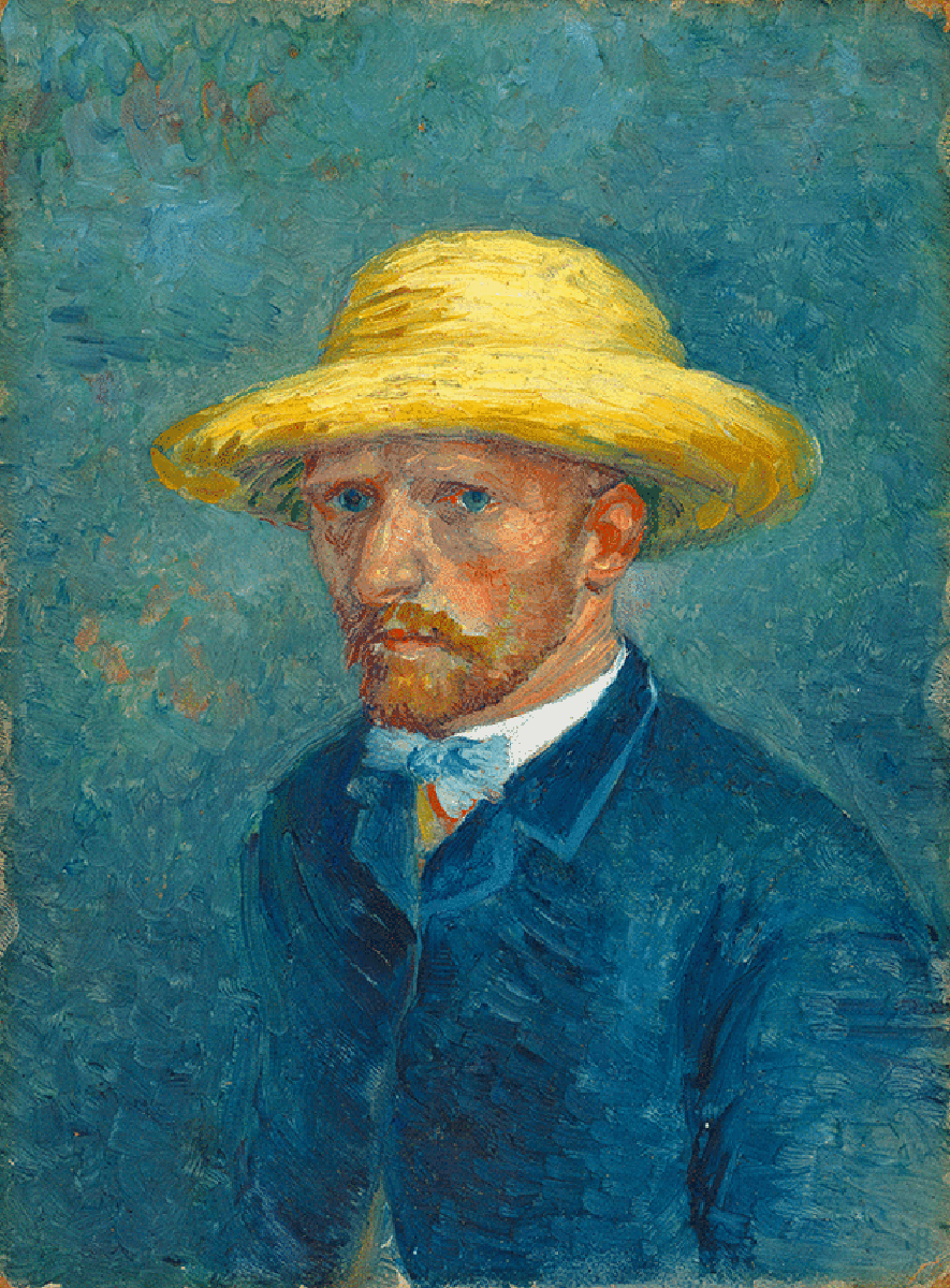 This portrait, often thought to be of Theo van Gogh, Vincent's brother, exudes a sense of quiet strength and intimacy. The subject's gaze is direct and thoughtful, his straw hat a bright spot of yellow that draws the eye. Vincent's signature expressive brushwork is evident in the vibrant strokes that define the contours of the face and clothing. The blues and greens of the background contrast with the warmth of his complexion, creating a sense of depth. This piece reflects the deep connection between the artist and the subject, encapsulating a moment of peaceful reflection.