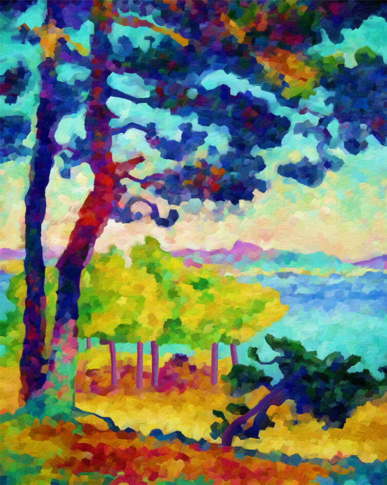 Art Print - Afternoon in Solitude This is my humble rendition of Afternoon in Pardigon. I decided to paint this particular image because this is the one that started my fascination and admiration of Henri-Edmond Cross' work.  I was absolutely taken by his brushwork and use of color ... I hope you enjoy my modest rendition as much as I enjoyed painting it. 
