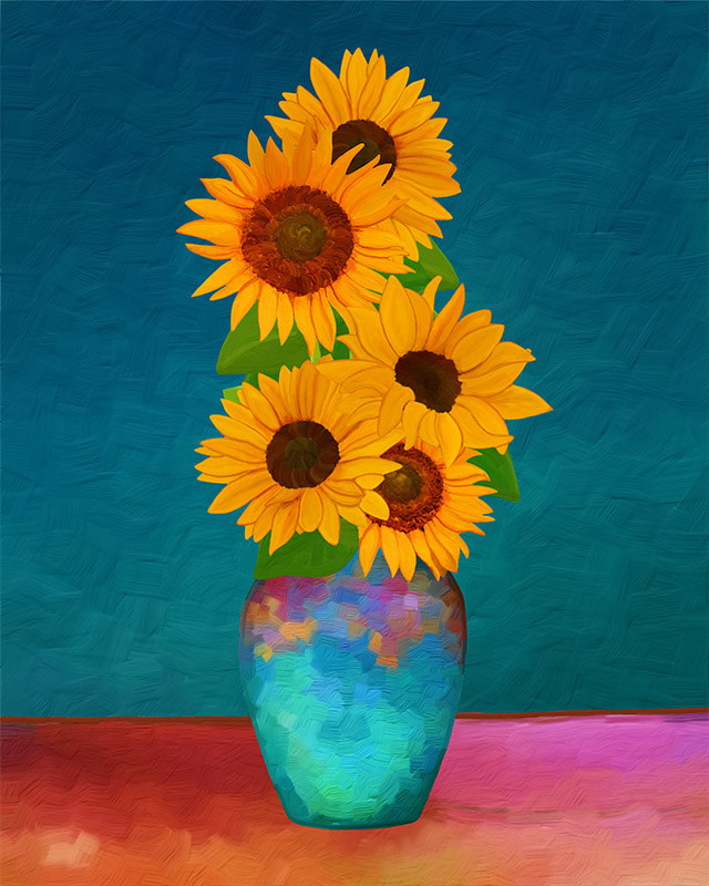 ​Sunflowers with Lucid Sea (1) by Lone Quixote ... A bouquet of vibrant sunflowers in a floral abstract turquoise vase and a dazzling background of a lucid sea.