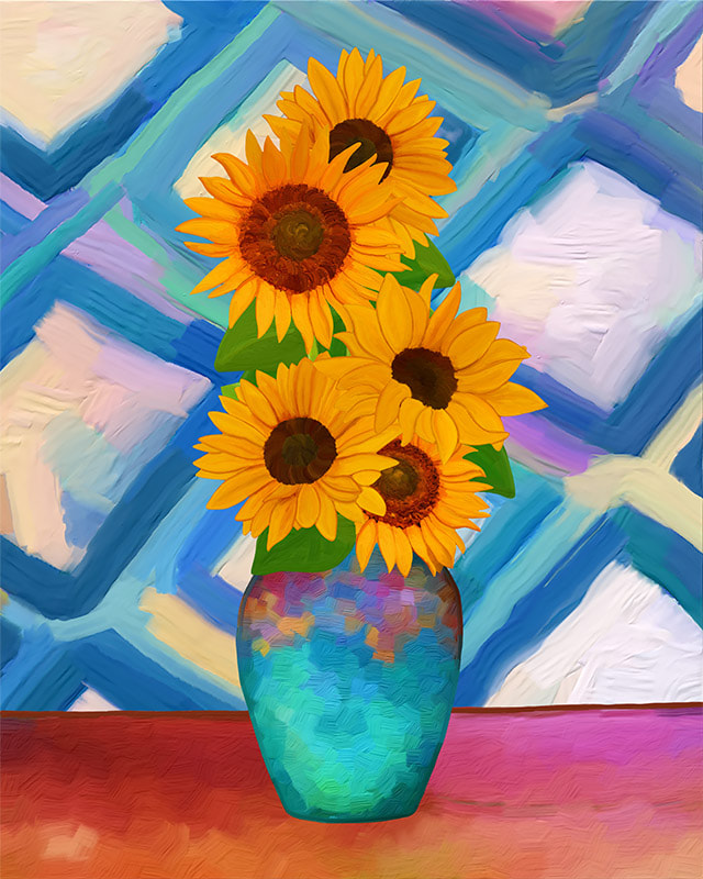 Sunflowers with Matisse (2) by Lone Quixote ... ​A bouquet of vibrant sunflowers in a floral abstract turquoise vase and with a dazzling background of a Matisse inspired wallpaper.