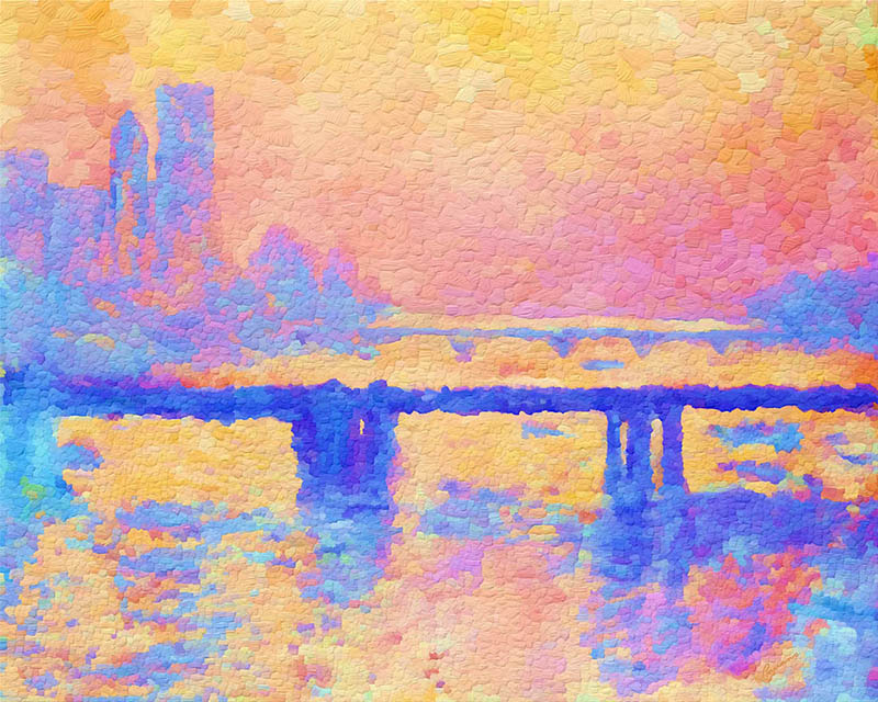 Lone Quixote - Misty Memory (Austin, Texas)   This piece is a colorful, abstract representation of the Austin cityscape as seen from the shore of Lady Bird Lake. The brushstrokes form a mosaic of shapes and colors to depict the scene. The color palette was deliberately chosen to include a few hues that blend harmoniously. Warm shades of orange, yellow, and pink fill the image with warmth, while the cool blues and purples offer a striking contrast in both color and mood. The city's buildings are rendered in simplified forms, almost merging with the background, except for the bridge, which is prominently outlined as a clear horizontal line. The reflection in the water is subtly blurred, adding to the artwork's tranquil, dreamlike atmosphere. It captures the essence of a fleeting moment; though the precise details may have faded over time, the warm emotions associated with the memory remain vivid and enduring.